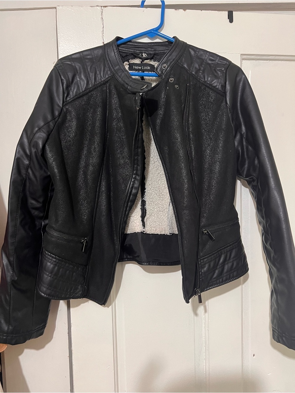 New Look Black Faux Leather Sherpa-Lined Biker Jacket